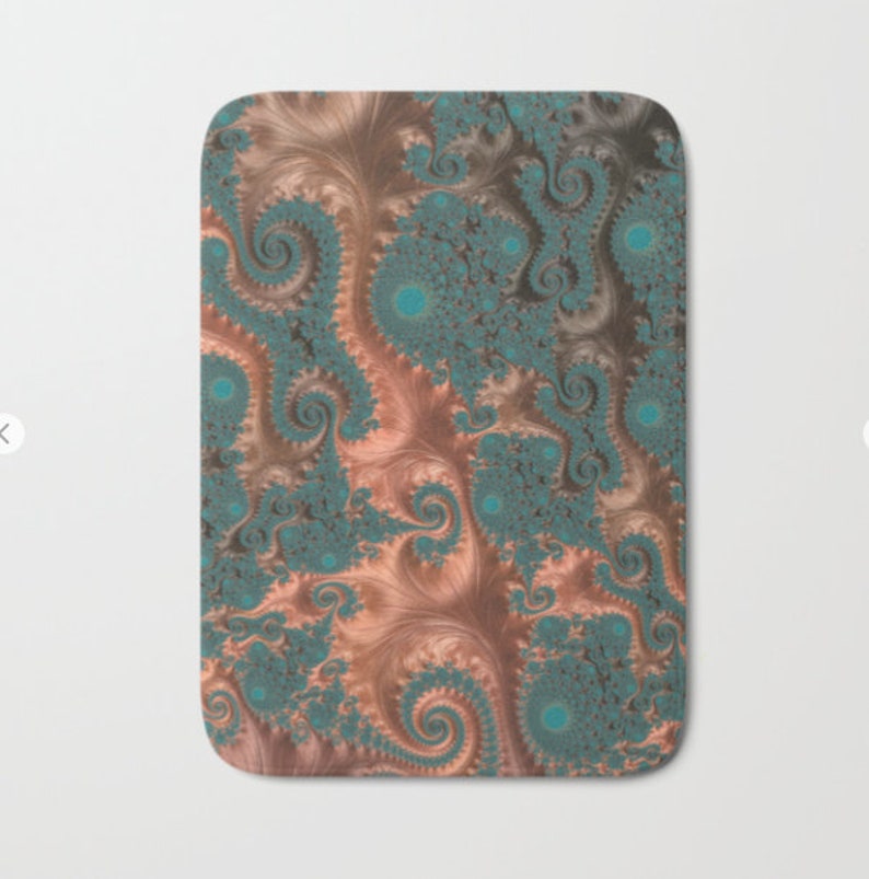 Teal Sacred Geometry Infinity Bathroom Decor,Soft Microfibre Memory Foam Floor Mat Green and Copper Fractal Bathmat