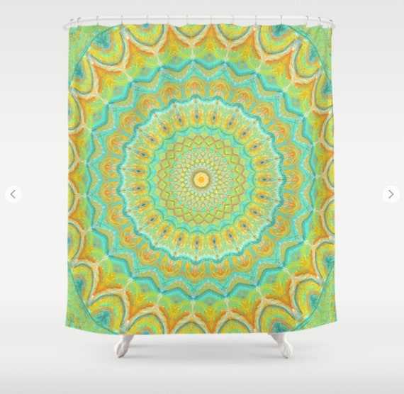 Yellow Teal Orange Mandala Shower Curtain Bohemian Funky Etsy