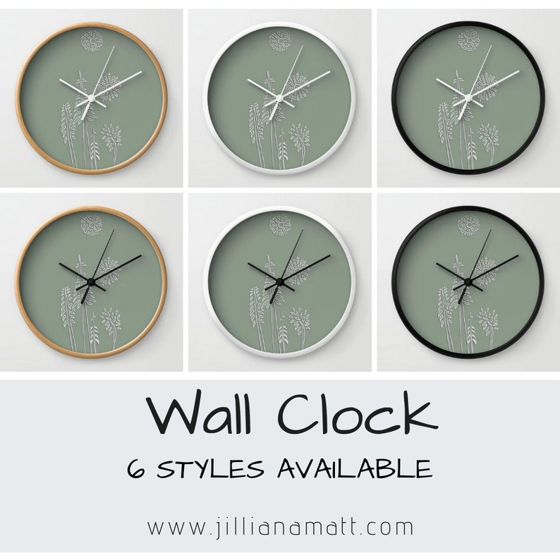 Tree Wall Clock Sage Green Nature Theme Trees Sun Moon Nature Lover Naturalists Clock Environmental 3 Frame Options image 2