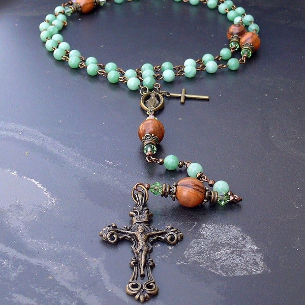 Burma Green Jade Jerusalem Olive Wood Crystal Antique Bronze Miraculous Hand Crafted Rosary
