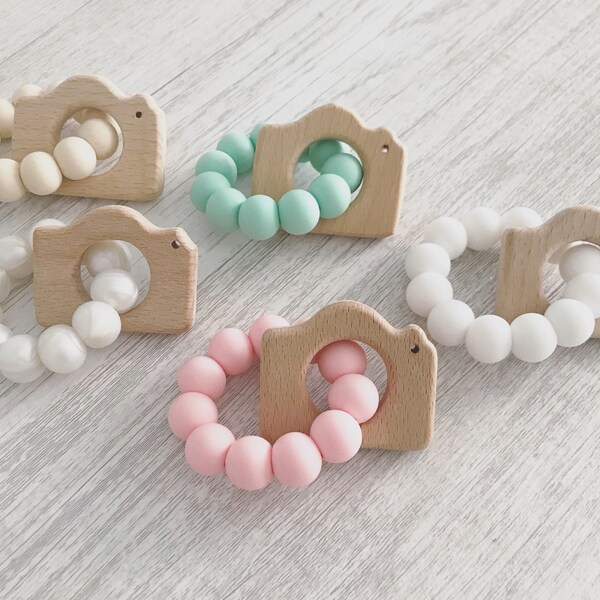 Silicone Teether, Camera Teether, Wooden Teether, Teething Rings, Chewable Silicone, Baby Shower Gift, Gift for Baby, New Baby Gift, Stockin