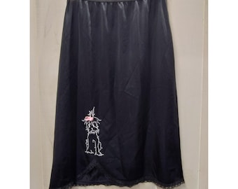 1950s Vanity Fair Slip Skirt Black Lace Hem Dog Embroidery Cottagecore Medium