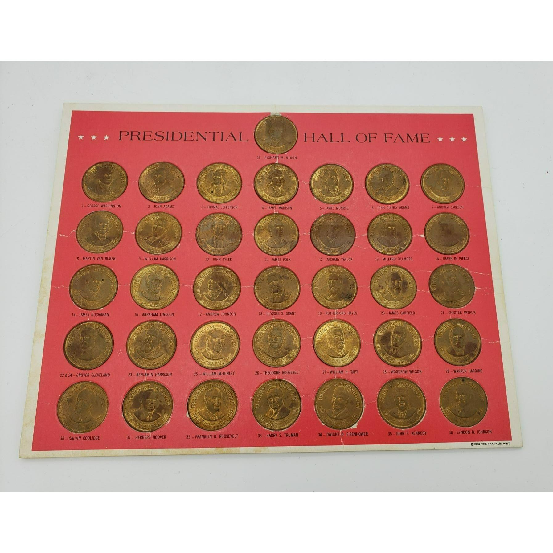 1968 Presidential Hall of Fame Bronze Coins W Display Board 36 Pcs