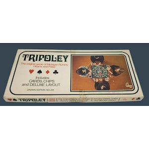 May include: A vintage board game box for Tripoley, the original game of Michigan Rummy, Hearts, and Poker. The box is white with green and red accents. It features a picture of four people playing the game around a table. The box includes the text "Includes Cards, Chips and Deluxe Layout" and "Crown Edition No. 225".
