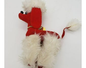 Vtg Herman Pecker Red Plush Poodle Figurine Faux Fur Accents Gold Chain Heart
