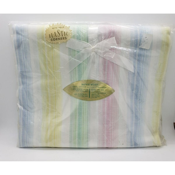 Vintage Nation-Wide Fitted Sheet, 100% Cotton Muslin, Double, Pastel Stripes NOS