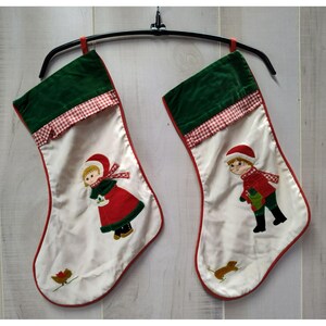 House of Hatten Christmas Stocking Set Boy Girl Applique Vintage Holiday Decor