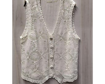 Y2K Style Cream Crochet Vest ribbed back Approx sz XL Open weave Boho Cottagecore