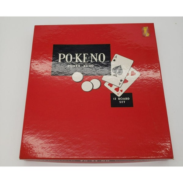 Vintage Pokeno PO-KE-NO Playing Card Poker Keno Game Set 12 Boards With Chips