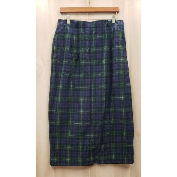 Vtg SHARON YOUNG Green Blue Tartan Plaid Skirt, Long, 100% Cotton, Size 14