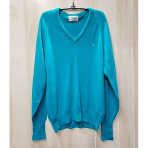 Vintage Christian Dior Mens V-Neck Sweater, Turquoise, M, Orlon Acrylic USA Made