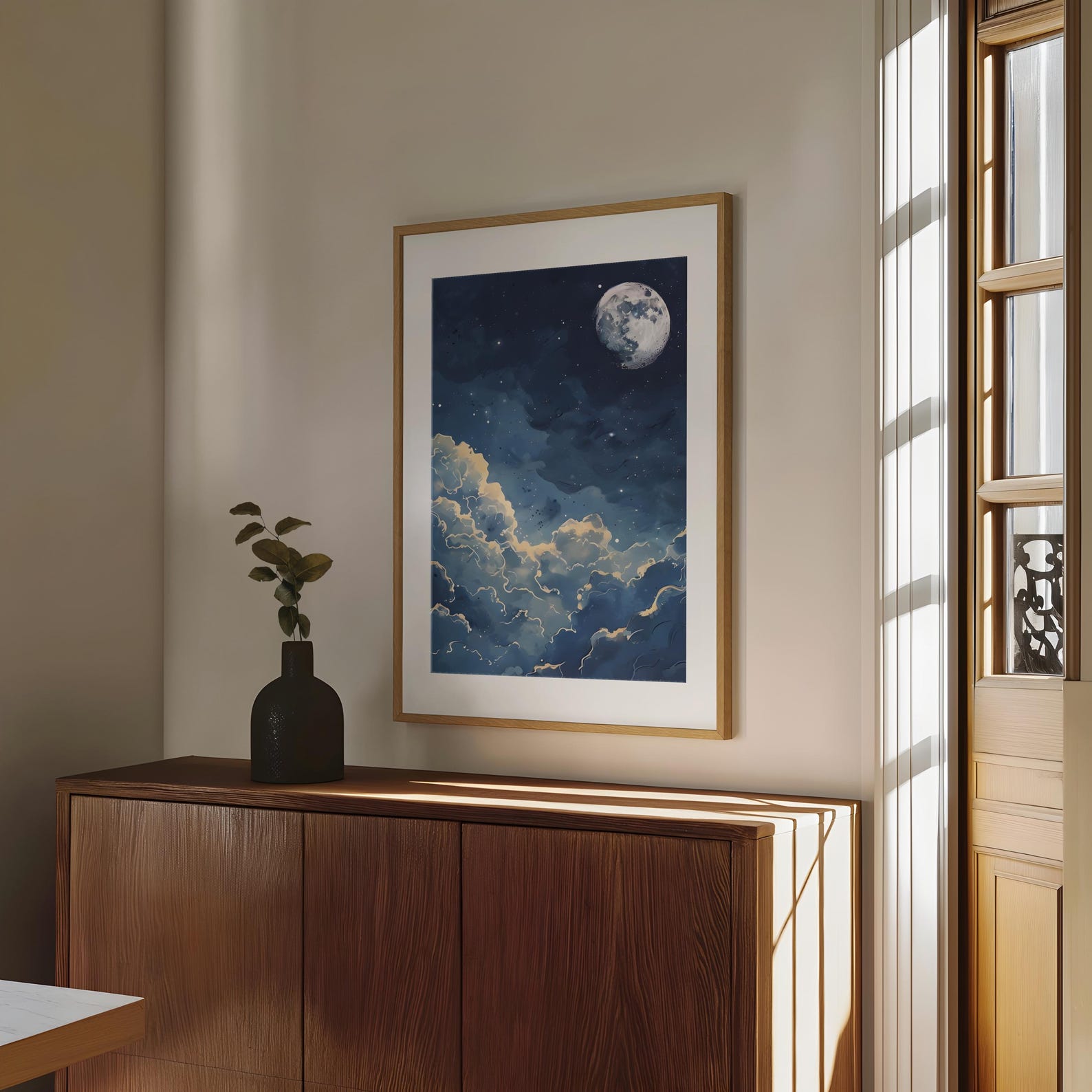 Celestial Night Sky Digital Art, Cloudy Moonlit Sky Printable Wall Art ...