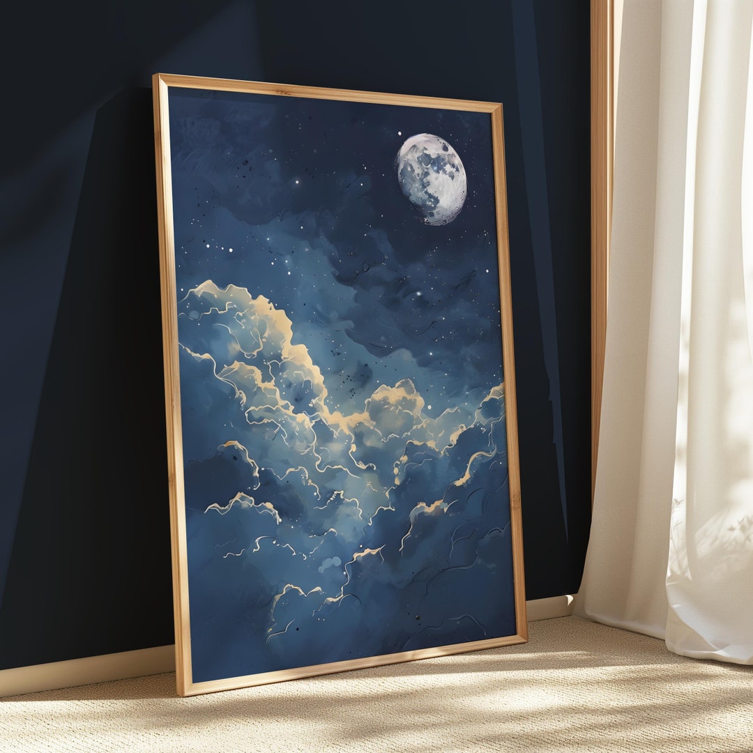 Celestial Night Sky Digital Art, Cloudy Moonlit Sky Printable Wall Art ...