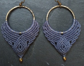 Macrame earrings, purple earrings, woven earrings, long earrings, hoop earrings, macrame hoops, boho earrings, fashion