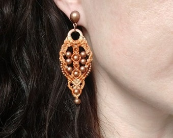 Ethnic macrame earrings, earth and copper color earrings, beaded earrings, long women's earrings