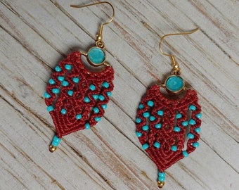 Boucles d'oreilles terre cuite et turquoise, boucles d'oreilles macramé, boucles d'oreilles perles, boucles d'oreilles perles, boucles d'oreilles longues femme