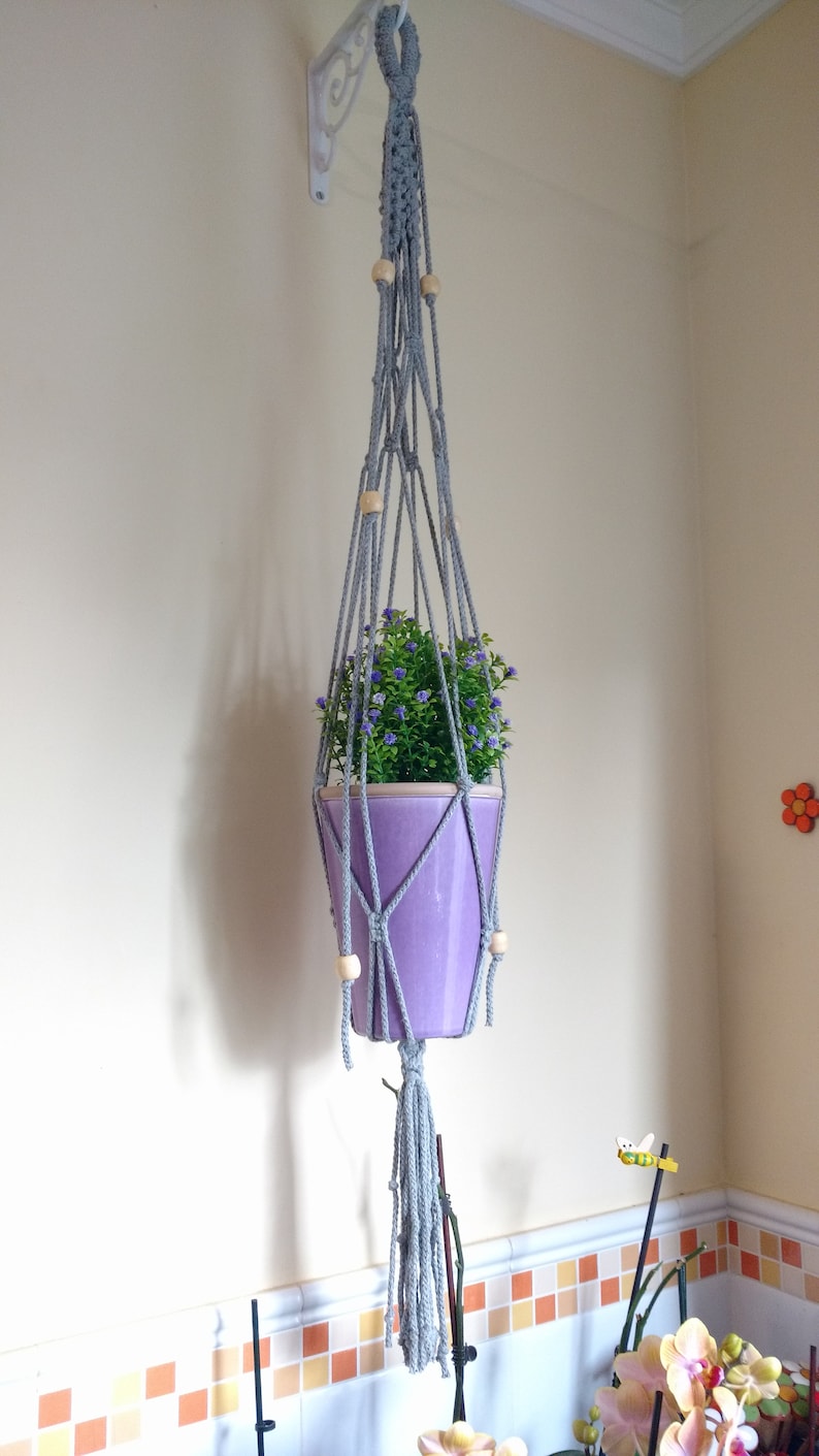 grey macrame hanger Plant hanger plant holder grey cotton cord and wooden beads