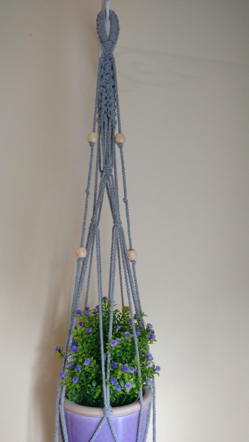 grey macrame hanger Plant hanger plant holder grey cotton cord and wooden beads
