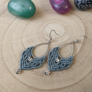 Macrame earrings in grey blue. Blue earrings. Silver earrings. Long earrings for women. Elegant earrings with flowers.