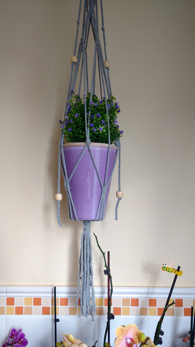grey macrame hanger Plant hanger plant holder grey cotton cord and wooden beads