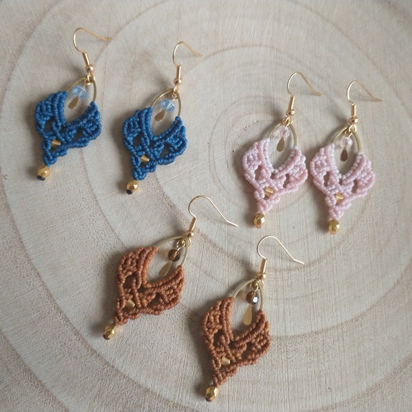 Pendientes de macramé, pendientes de mujer, pendientes azules, pendientes rosas, pendientes marrones, joyería, bisutería, complementos mujer