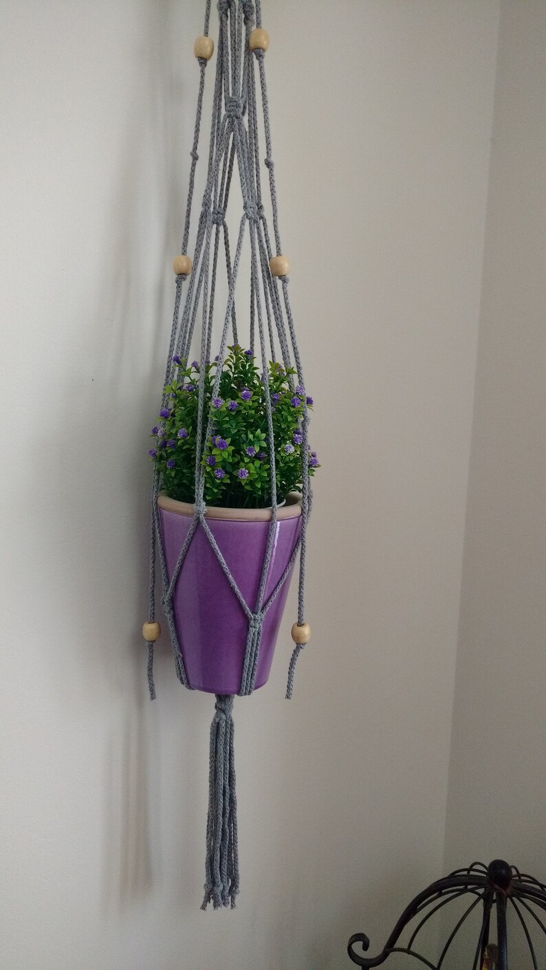 grey macrame hanger Plant hanger plant holder grey cotton cord and wooden beads
