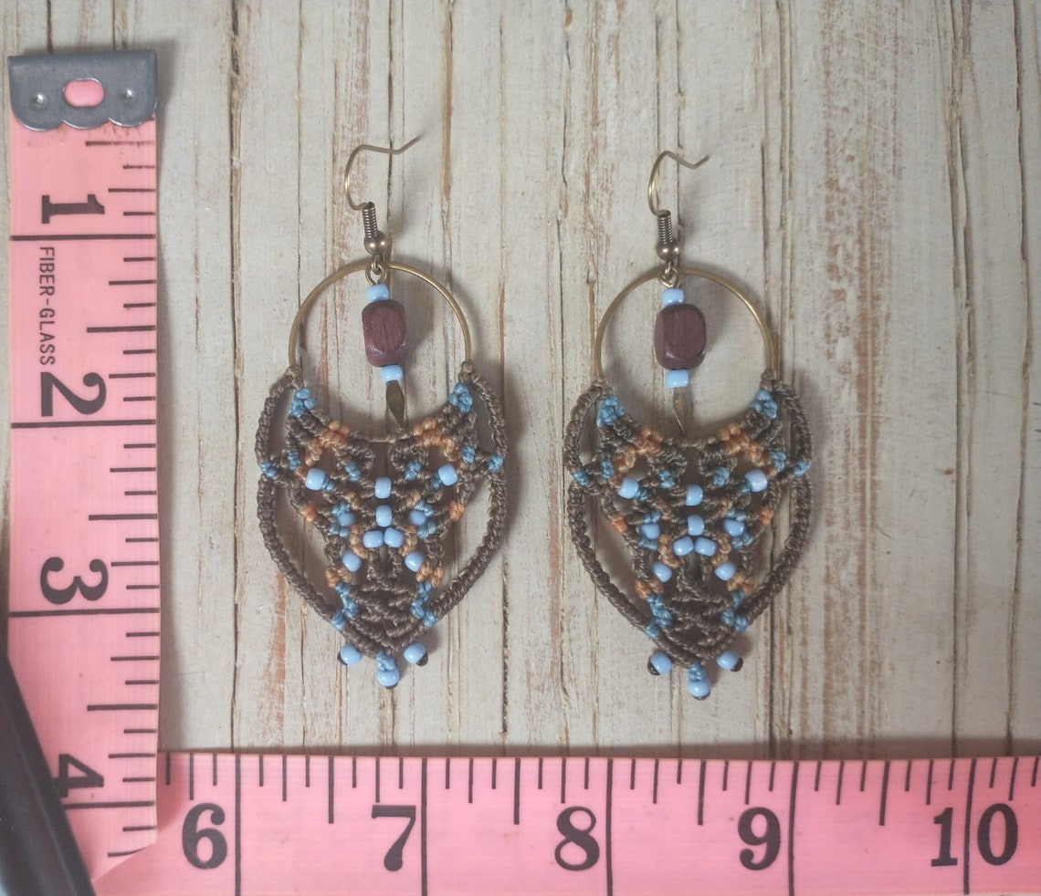Makramé Ohrringe braune und blaue Pedanten lange Ohrringe | Etsy