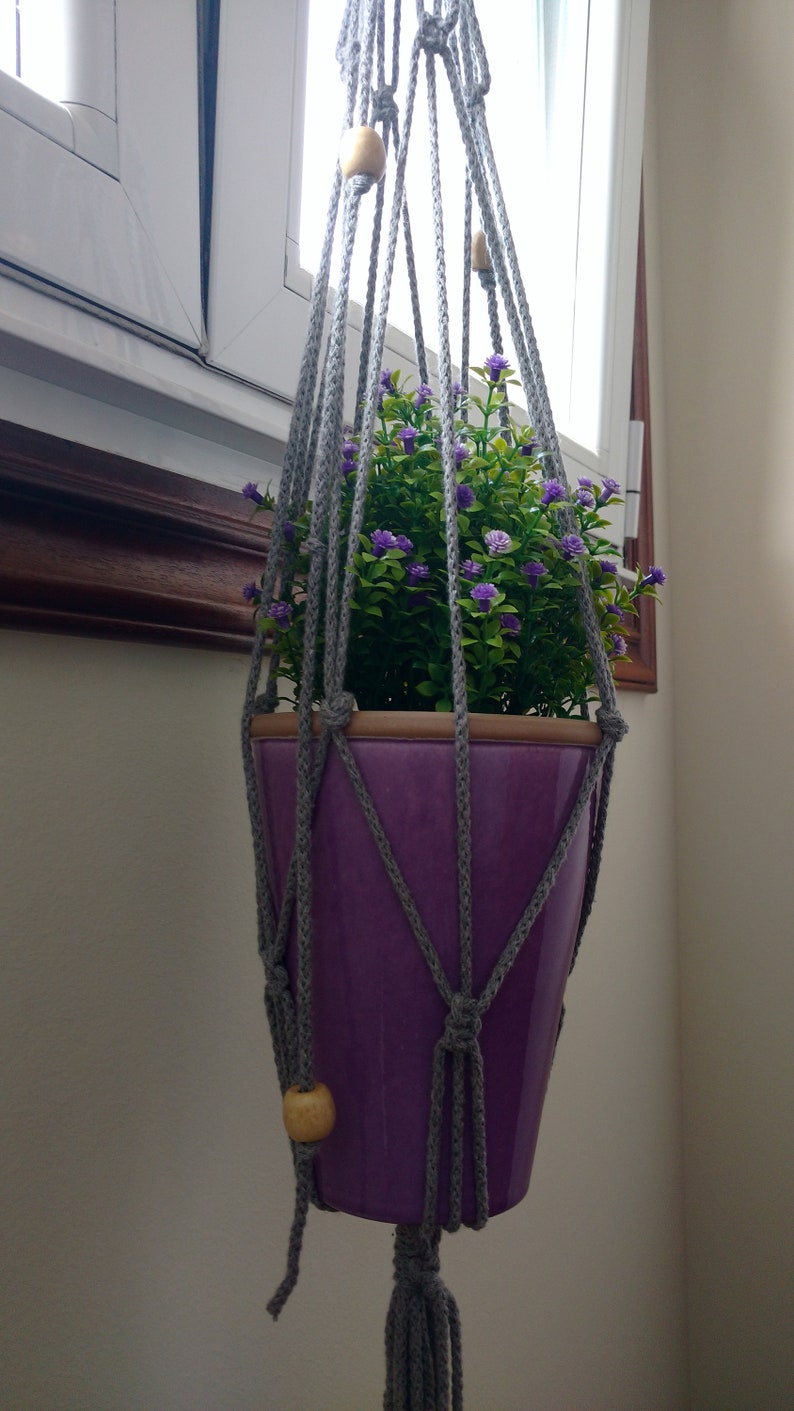 grey macrame hanger Plant hanger plant holder grey cotton cord and wooden beads