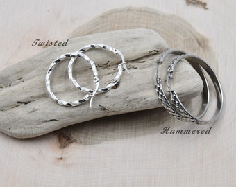 Trendy stainless steel hoop earrings - available in 2 models (hammered and twisted).  Make your choice!