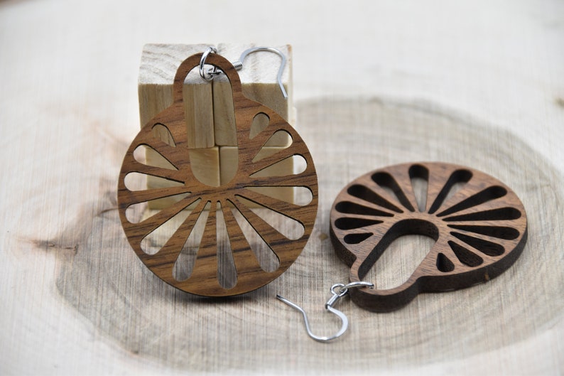 Ferris wheel earrings Hypoallergenic stainless steel earring hooks walnut wood