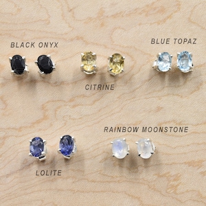 Pendientes de botón con piedras preciosas facetadas (topacio azul, piedra lunar arcoíris, citrino, ónix negro, lolita) y plata de ley 925. ¡Elige el tuyo!