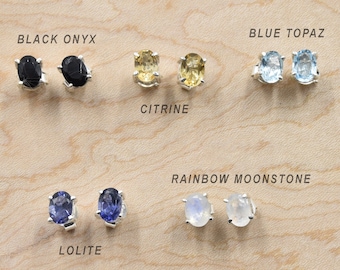 Faceted Gemstone Stud Earrings (blue topaz, rainbow moonstone, citrine, black onyx, lolite) and 925 sterling silver.  Make your choice!