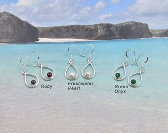 Minimalist teardrop genuine gemstone earrings (ruby, freshwater pearl and green onyx) with set with 925 sterling silver - Make your choice!