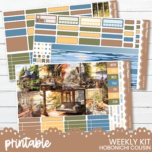 May include: A printable weekly kit for Hobonichi Cousin planners. The sticker sheet features a lake house theme with landscape illustrations, along with functional stickers in shades of blue, green, and brown. Includes text: "Only Plans", "Lake House", and "Weekly Kit".