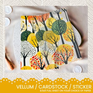 Könnte beinhalten: Ein rechteckiges Blatt Papier mit einem sich wiederholenden Waldmuster mit stilisierten Bäumen in den Farben Gelb, Orange, Rot, Grün und Schwarz. Das Design umfasst verschiedene Blattstrukturen und Astformen auf einem weißen Hintergrund.