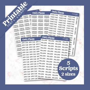 Puede incluir: Cinco fuentes de escritura diferentes para pegatinas de planificador en dos tamaños. Las palabras "Started", "Finished", "Reading", "Pages Read", "Book Club" y "New Book" se repiten en cada fuente.