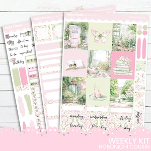 May include: A set of planner stickers with a summery theme. The stickers feature a pink and green colour scheme with floral designs, butterflies, and a book. The stickers are labelled with the days of the week and include the text "Only Plans" and "Weekly Kit Hobonichi Cousin".