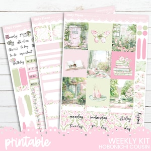 May include: Printable weekly planner stickers with a floral theme. The stickers feature a pink and green colour scheme with images of books, butterflies, and a door. The text "Only Plans", "Summer Mood", "Monday", "Tuesday", "Wednesday", "Thursday", "Friday", "Saturday", and "Sunday" is included on the stickers.