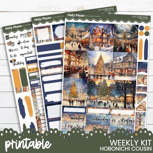 May include: Printable sticker sheet featuring a winter city theme. The sheet includes a variety of stickers, including a large sticker of a snowy city street with a Christmas tree, a smaller sticker of a building with a Christmas tree, and a sticker of a group of people ice skating. The sheet also includes a variety of smaller stickers, such as a sticker of a gift box, a sticker of a snowflake, and a sticker of a Christmas stocking.
