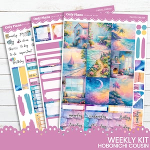May include: A weekly planner sticker kit with a pastel colour scheme. The stickers feature a variety of images, including a house, a beach, a window, and a moon. The kit also includes a variety of text stickers, such as "Monday", "Tuesday", "Wednesday", "Thursday", "Friday", and "Saturday".