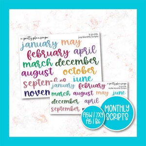 May include: Two sheets of colourful monthly script stickers in a rainbow of colours. The stickers are 7x9 inches and are available in A5 and A5W sizes. The stickers are perfect for planners, journals, and other paper crafts.