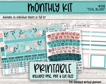 PRINTABLE - NEW FORMAT - Teal Blush Florals Monthly Sticker Kit - Standard A5 Wide, 7x9 Planner - Happy Planner - Aqua Pink - Any Month