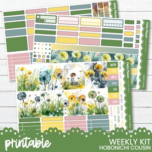 May include: Printable weekly planner stickers featuring a watercolour illustration of dandelions and a girl sitting in a field. The stickers are designed for use with the Hobonichi Cousin planner. The stickers include boxes for writing, a calendar, and a section for making a wish.