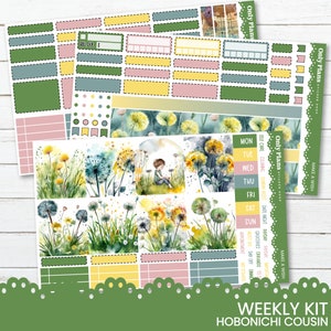 May include: A weekly planner sticker kit with a dandelion theme. The stickers feature watercolour illustrations of dandelions, a girl sitting in a field, and a green and yellow colour scheme. The kit includes stickers for daily tasks, appointments, and self-care.