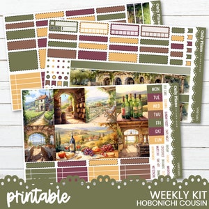 May include: Printable weekly planner sticker kit with a vineyard theme. The stickers feature a variety of images, including a vineyard, a wine cellar, and a table with wine and grapes. The stickers are in shades of green, brown, and red. The text "Only Plans" and "Weekly Kit Hobonichi Cousin" are included in the image.