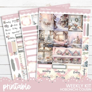 May include: Printable planner stickers with a wintery country Christmas theme. The stickers feature illustrations of houses, trees, and other wintery scenes. The stickers are designed for use with the Hobonichi Cousin planner.
