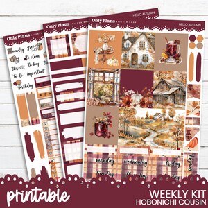 May include: A set of printable planner stickers with an autumnal theme. The stickers feature illustrations of pumpkins, houses, and fall foliage in shades of orange, brown, and burgundy. Includes weekly kit stickers with labels like "Monday" and "Wednesday".