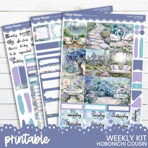 May include: Printable sticker sheet featuring a watercolour garden theme. The sheet includes a variety of stickers, including a bird bath, a bench, a path, and a house. The stickers are in shades of blue, purple, and green.