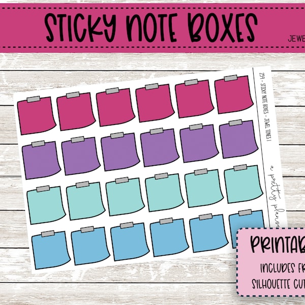 CLEARANCE PRINTABLE Sticky Note Box Stickers - Jewel Tones - Blue - Pink - Aqua - Purple - Post-It Notes - Silhouette Cut Files