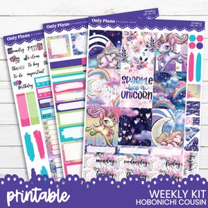 Puede incluir: Un conjunto de pegatinas de planificador coloridas con un tema de unicornio. Las pegatinas presentan unicornios, arcoíris y el texto "Sparkle like a Unicorn". Las pegatinas están etiquetadas como "Weekly Kit" y "Printable".